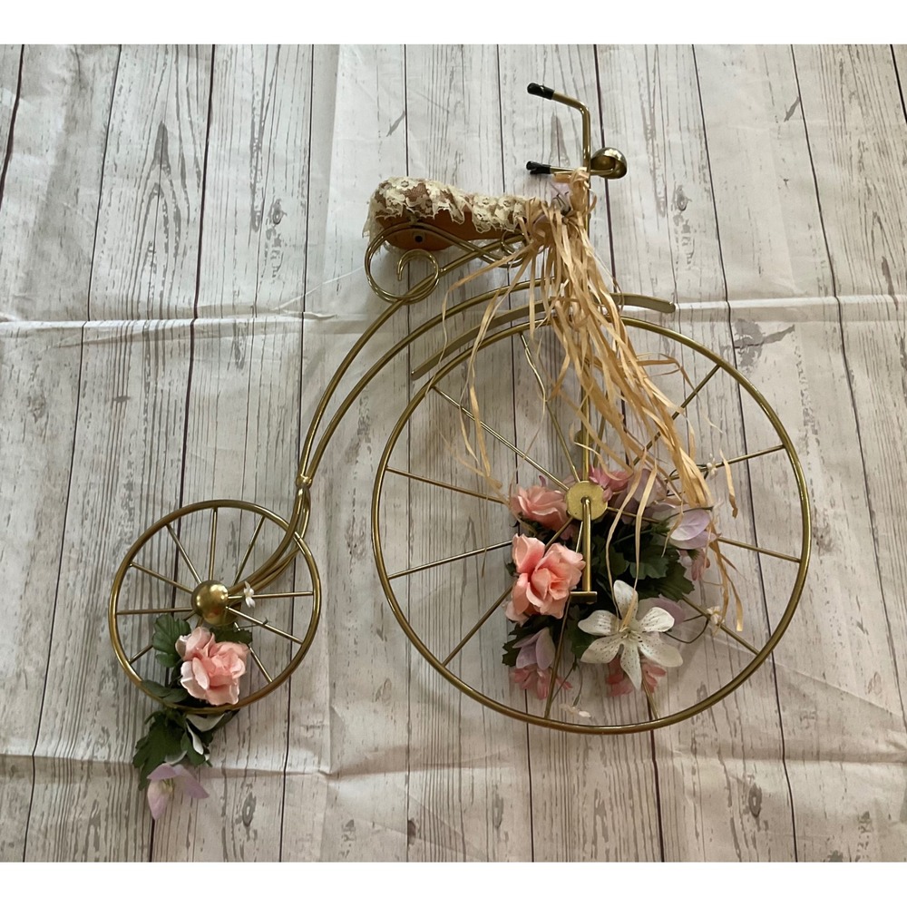 Vintage Brass Wire Penny Farthing Bicycle Wall Decor with Lace and Faux Flowers